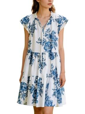 CECE Dress Blue White Floral Flutter Sleeve Linen Blend SMALL